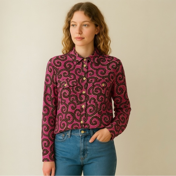 Tory Burch Swirl Print Shirt Size Small Pink Burgundy Western Bohemian - Picture 8 of 8